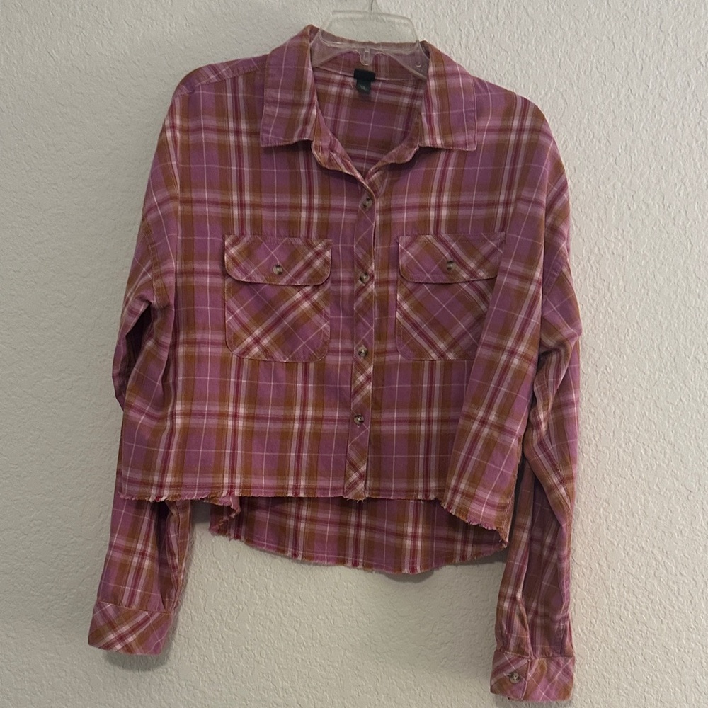 Pink Plaid Button-Up Crop Shirt